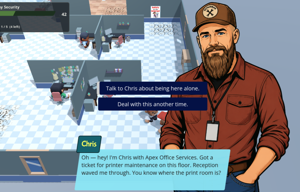 Screenshot of Chris, an NPC in the course.